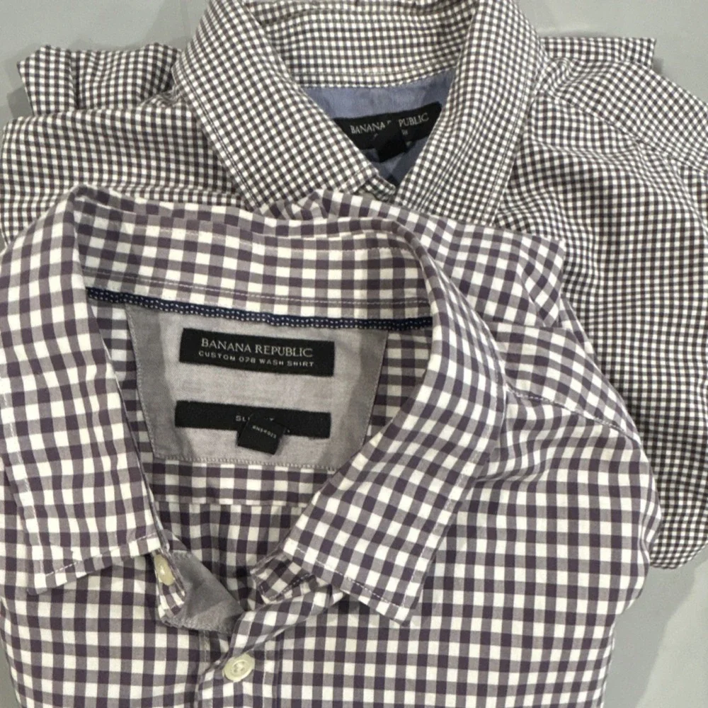 2 Banana Republic Men's Big & Tall Purple Check Dress Shirt L Cotton